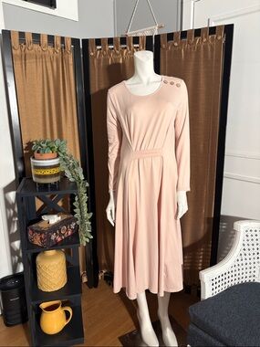 Elegant Long Sleeve Blush Pink Midi Dress